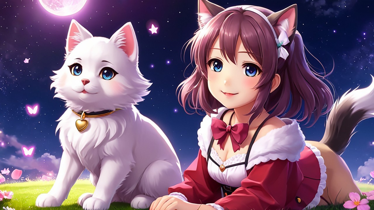 Cheerful girl with cat ears and fluffy white cat under stars