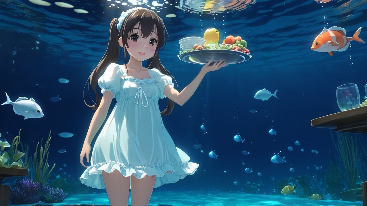 Cheerful girl underwater with fruit tray and fish
