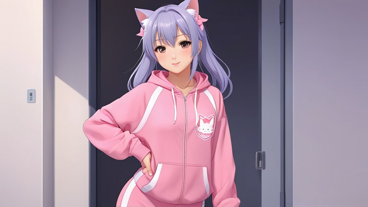 Cheerful anime girl in cozy indoor setting with cat hoodie