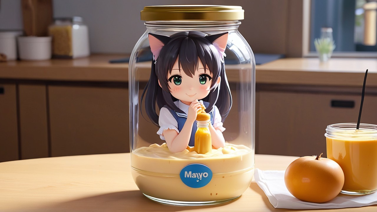 Anime Character with Cat Ears in Mayonnaise Jar