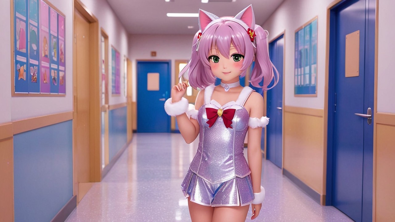 Anime Character in Bright School Hallway with Ribbons