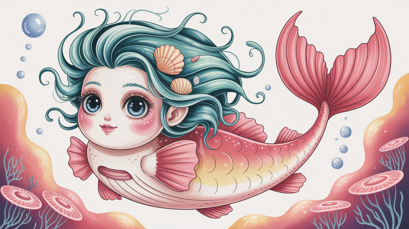Chubby Mermaid Illustration with Aqua-Blue Hair
