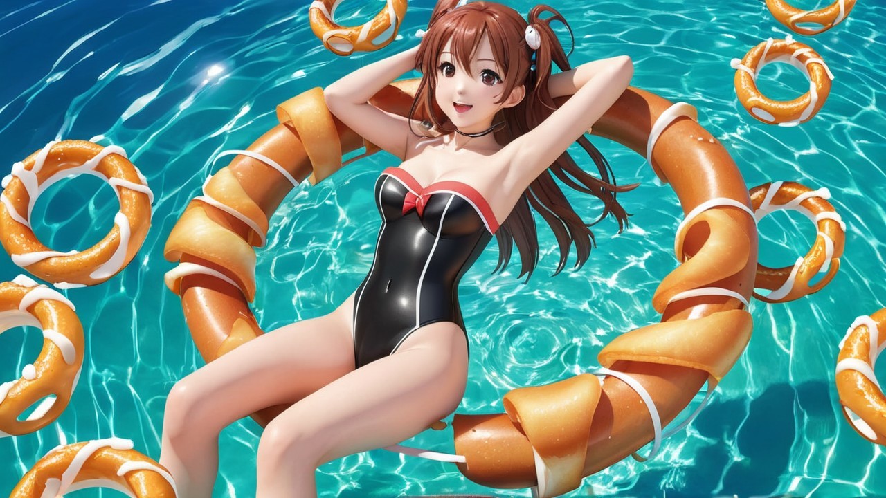 Cheerful Woman Relaxing on Lifebuoy in Pool