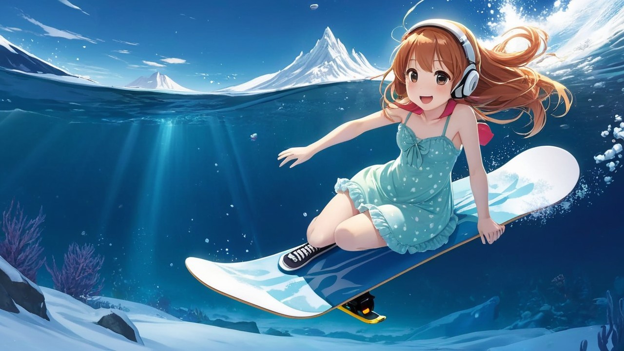 Girl Skateboarding in Snowy Underwater Landscape