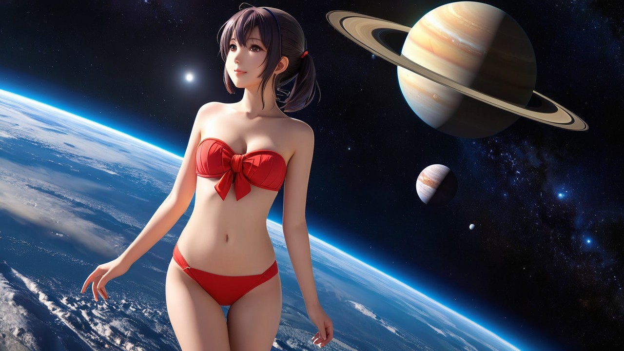 Anime Character in Space with Earth and Saturn Rings