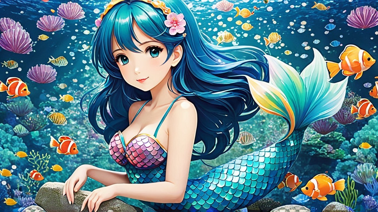 Vibrant Underwater Scene with Mermaid and Coral Reefs
