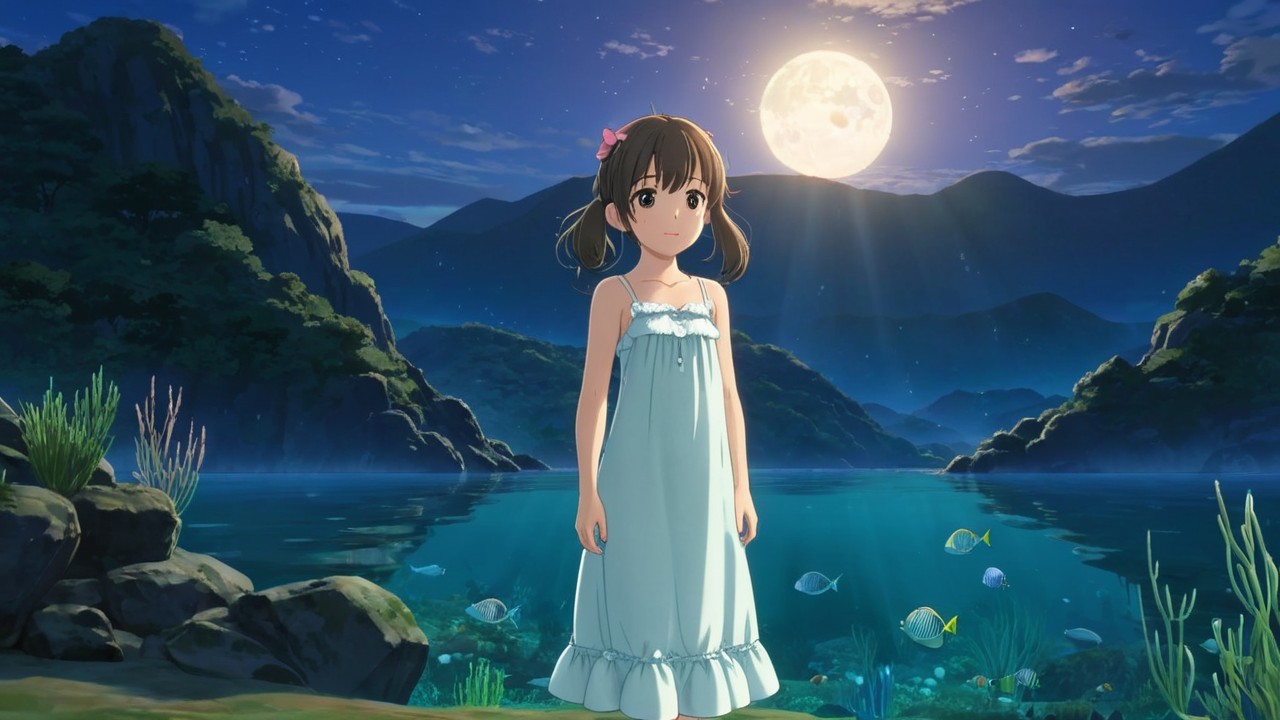 Young girl by tranquil lake under bright full moon