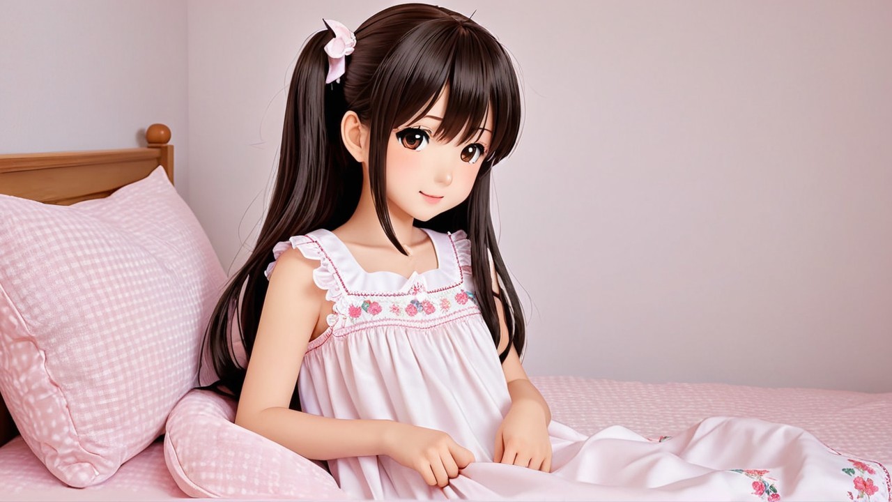 Young girl in floral dress on pastel-themed bed
