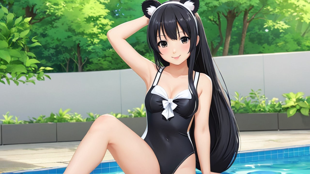 Character by Pool in Stylish Swimsuit and Panda Ears