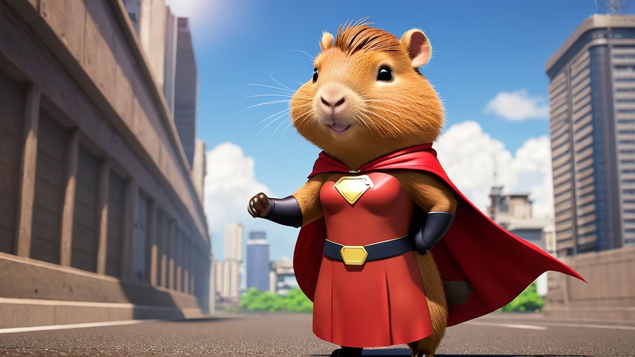 Animated Superhero Hamster in Urban Setting