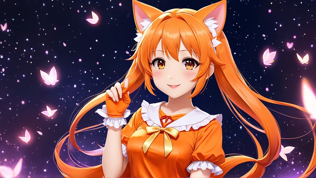 Cheerful anime character with orange hair and butterflies