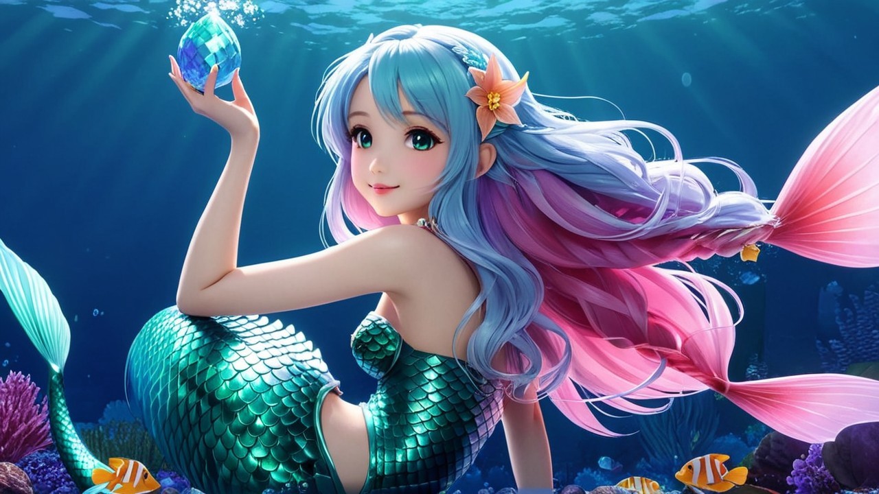 Vibrant Underwater Scene with Mermaid and Coral