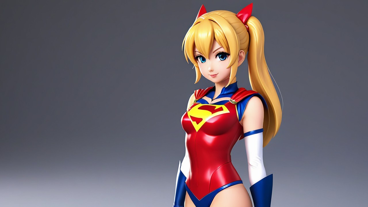 Stylized female superhero with vibrant outfit and ponytail