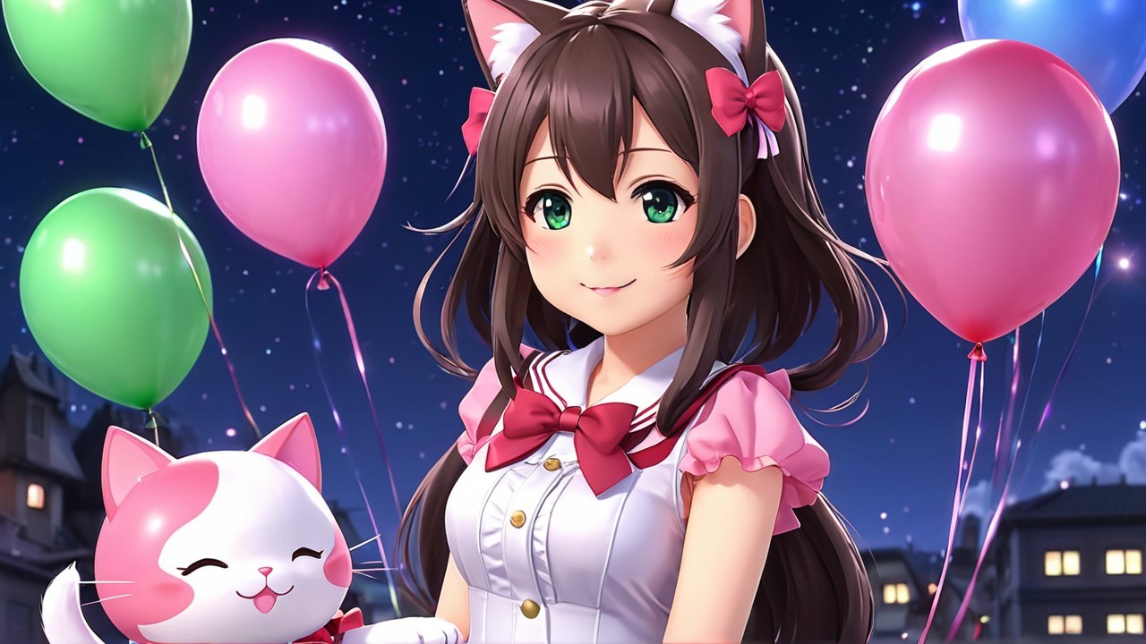 Cheerful girl with cat ears holding colorful balloons