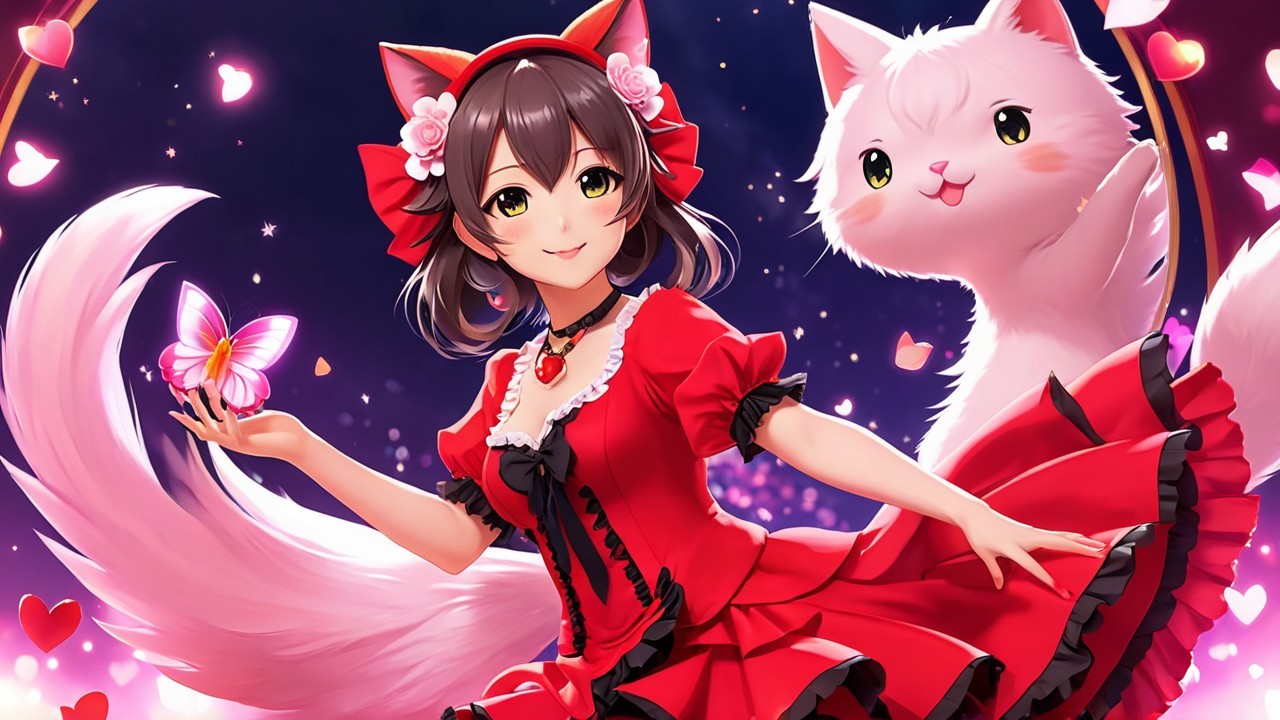 Playful Anime Girl in Red Dress with Cat and Butterflies