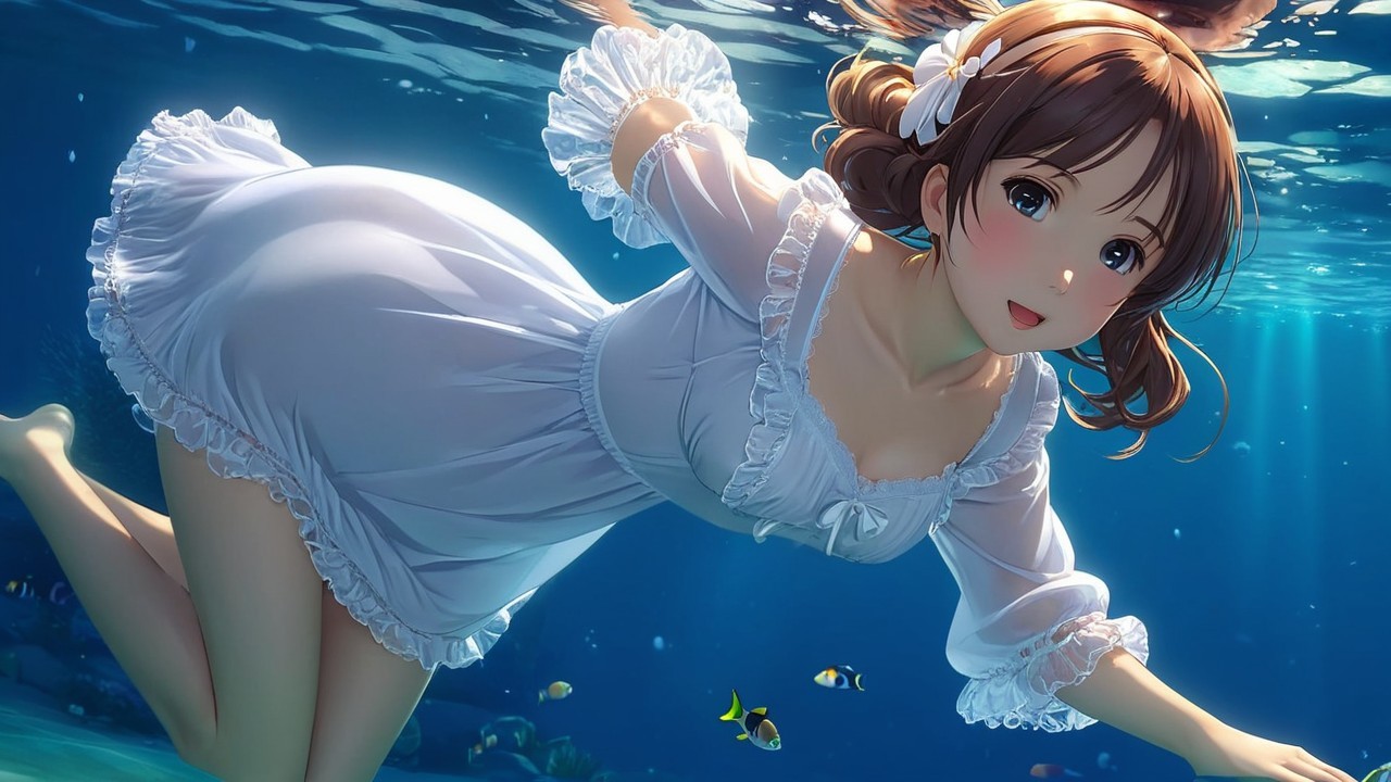Underwater Scene with Girl in White Dress and Fish