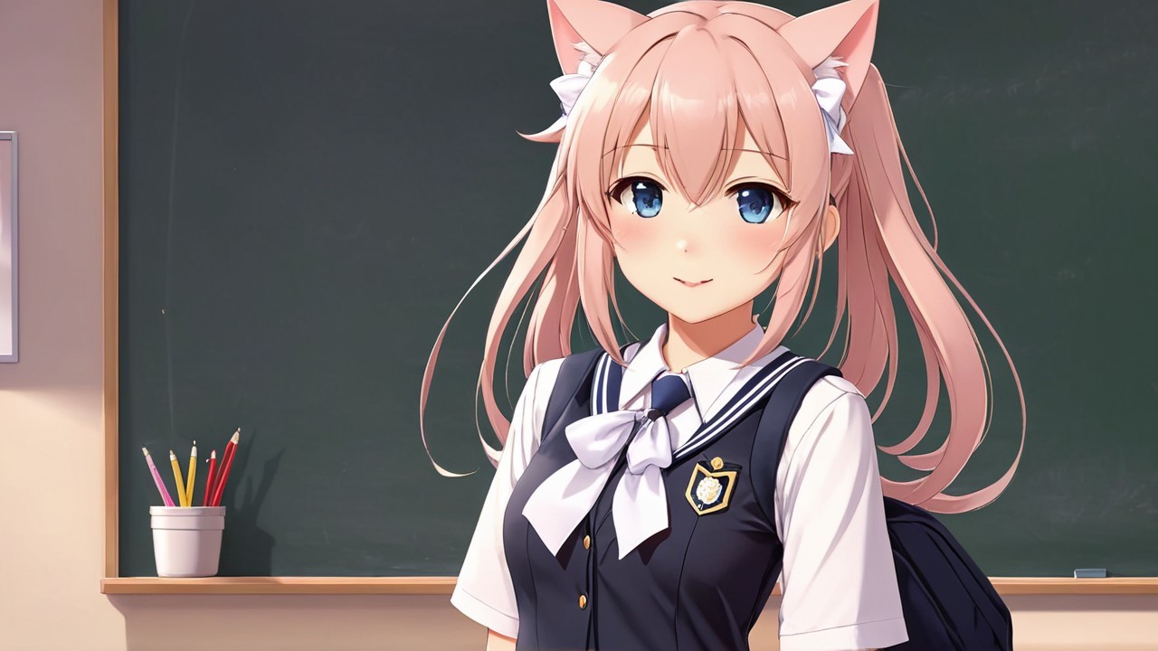 Cheerful anime character in school uniform with cat ears
