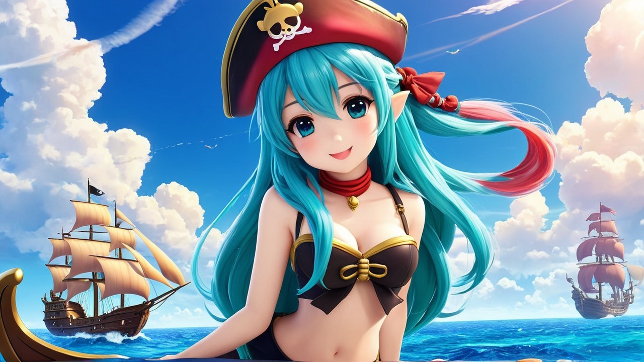 Cheerful Anime Pirate Girl with Ocean Background