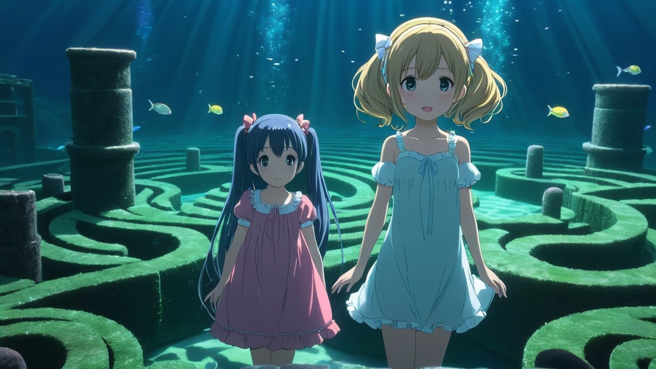 Underwater Scene with Two Girls and Ancient Pillars