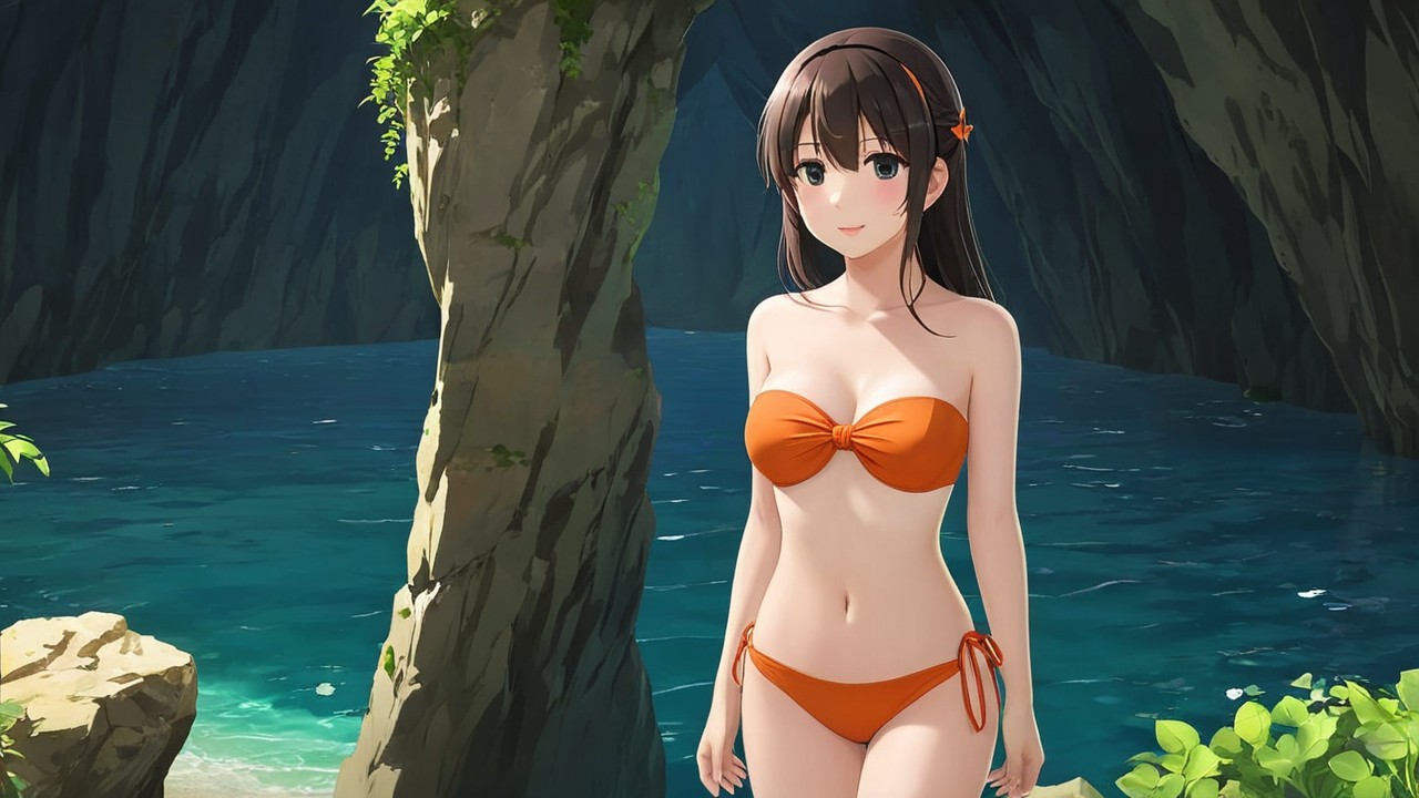 Character in a cave by turquoise water with foliage