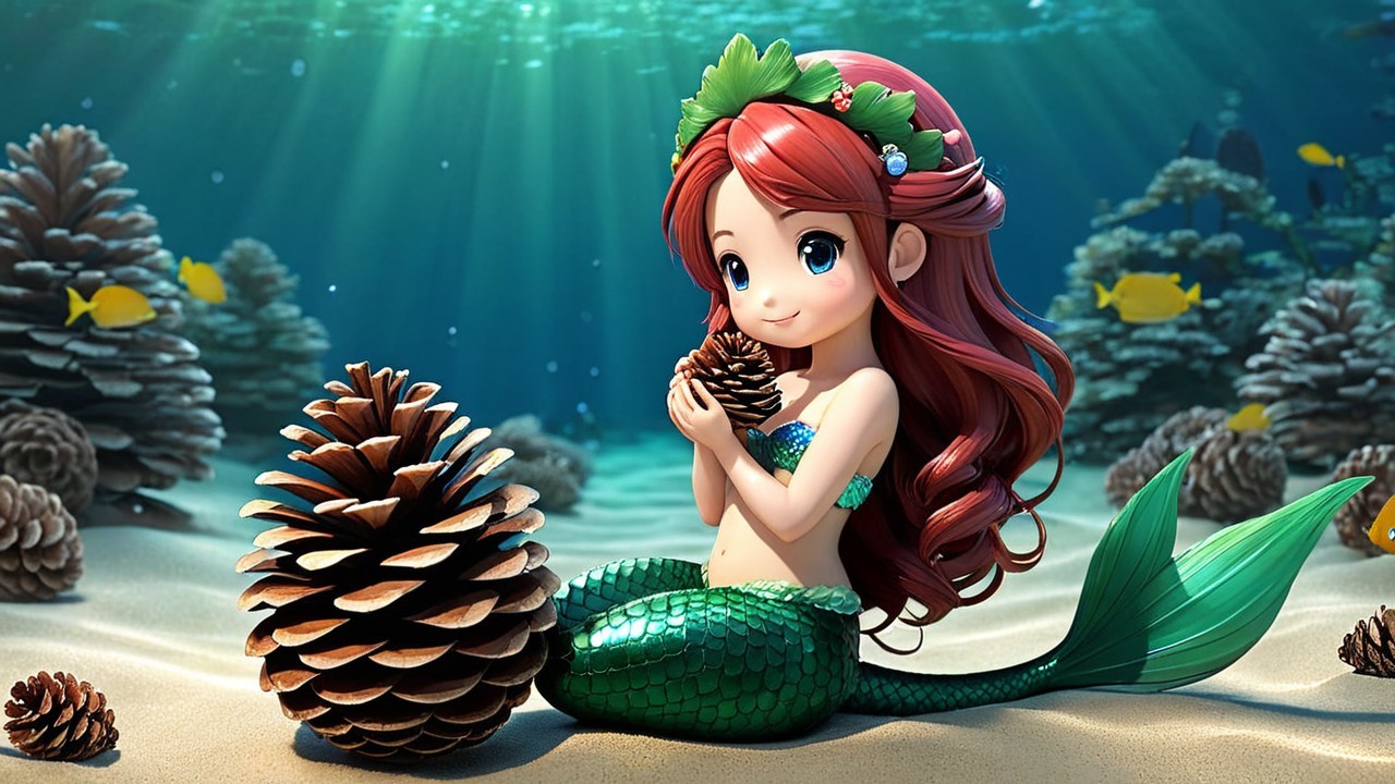 Whimsical Underwater Scene with Mermaid and Pinecones