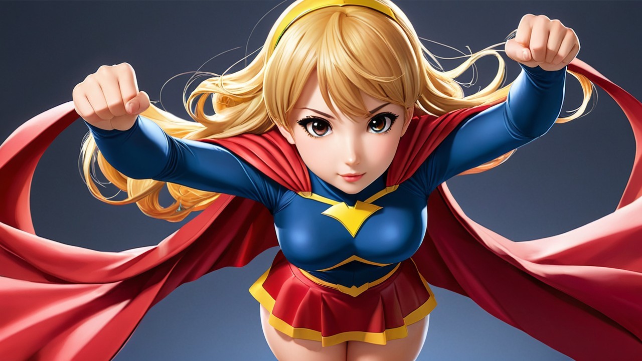 Stylized Female Superhero in Blue and Red Costume