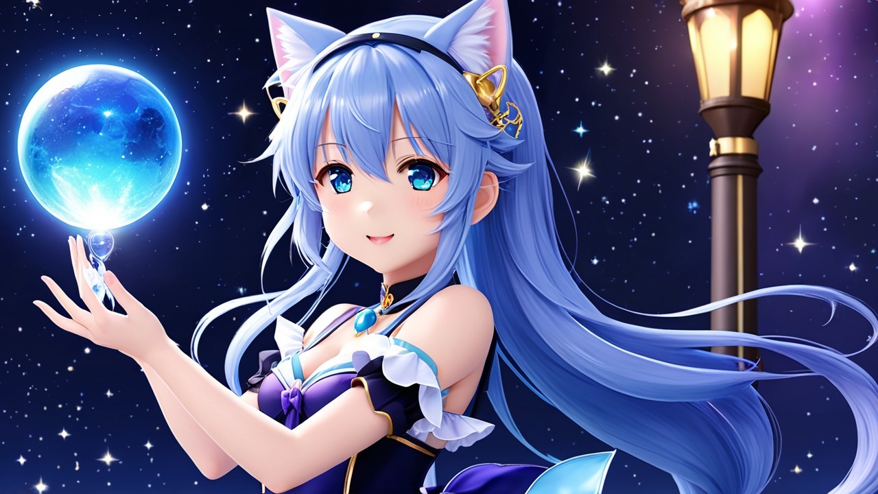 Fantasy Character with Blue Hair and Cat Ears