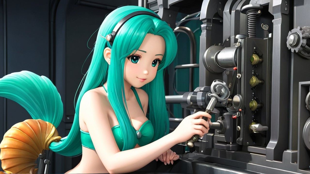 Young woman with turquoise hair in futuristic setting