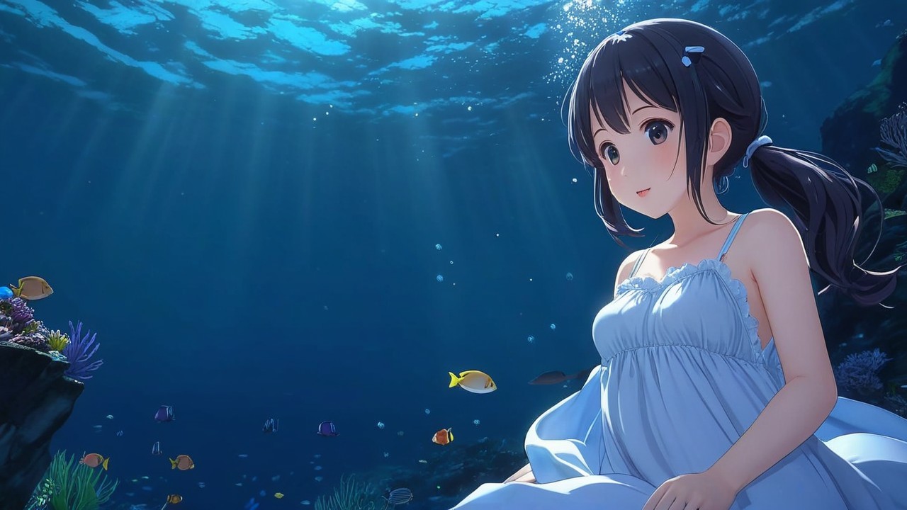 Underwater Scene with Girl in White Dress and Coral