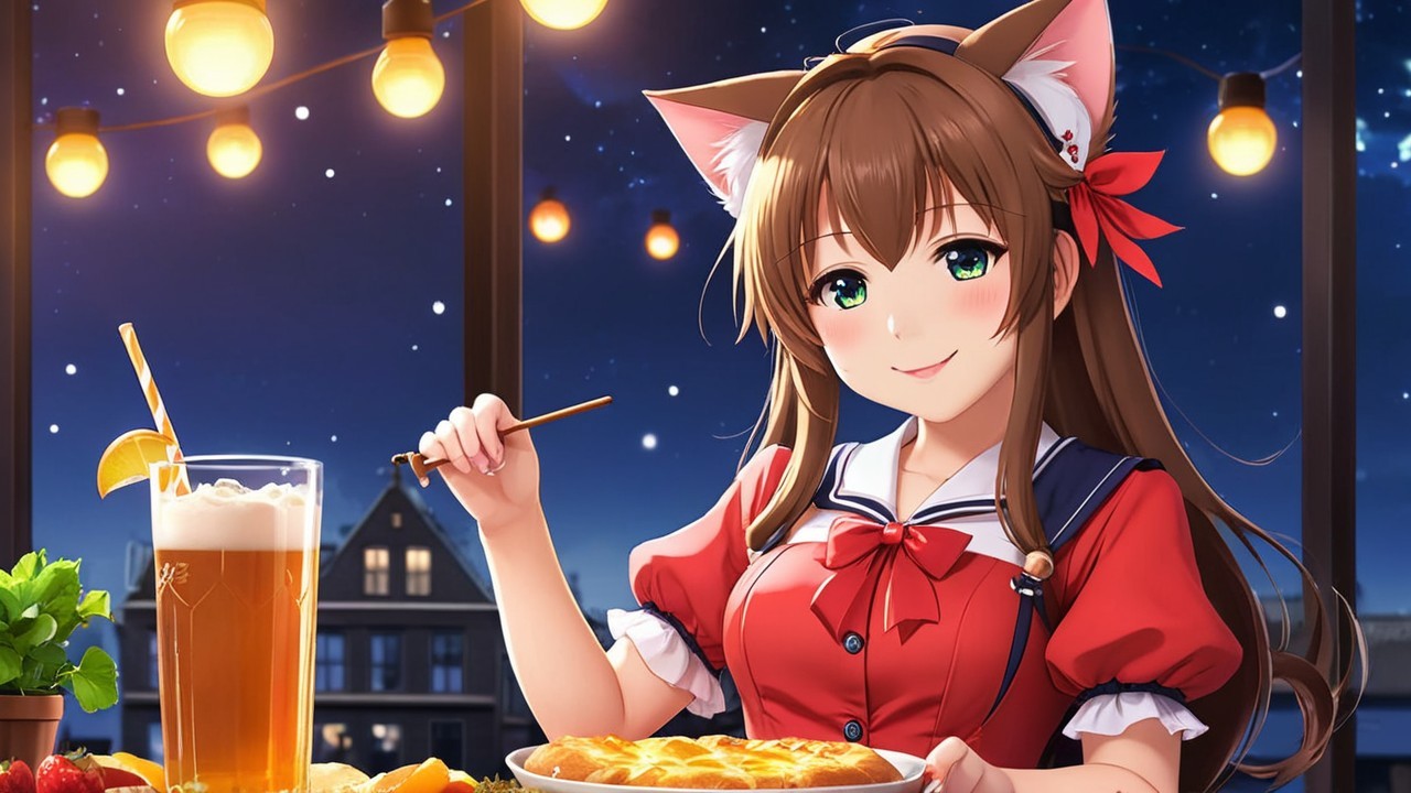 Cheerful Anime Character Dining in Cozy Atmosphere