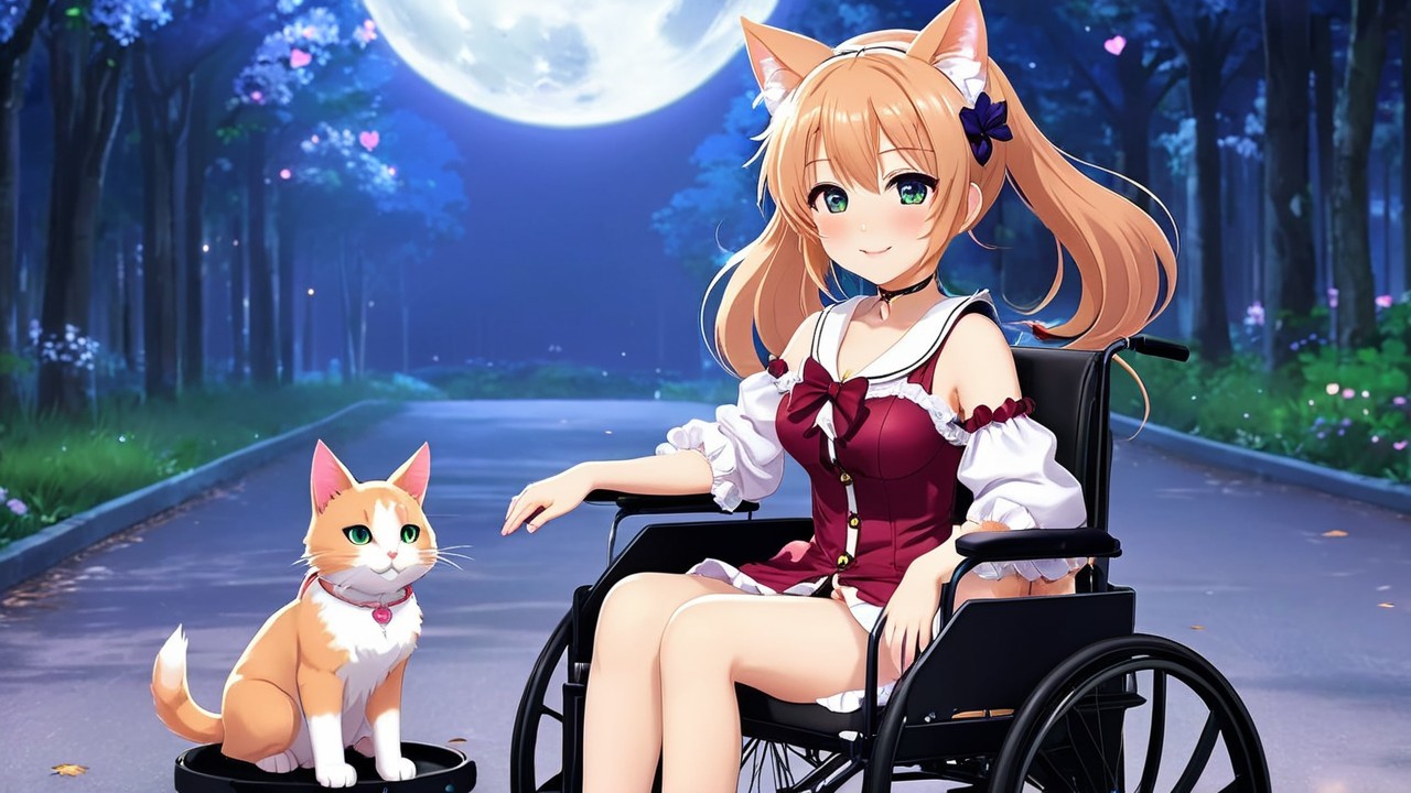 Young girl in wheelchair with cat ears and cat
