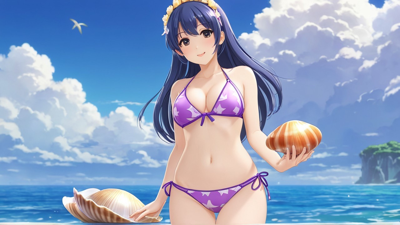 Young Woman by Shore with Seashells and Bikini