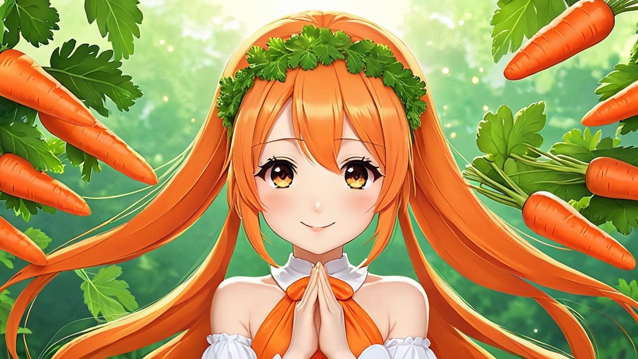 Cheerful anime girl with orange hair and greens crown