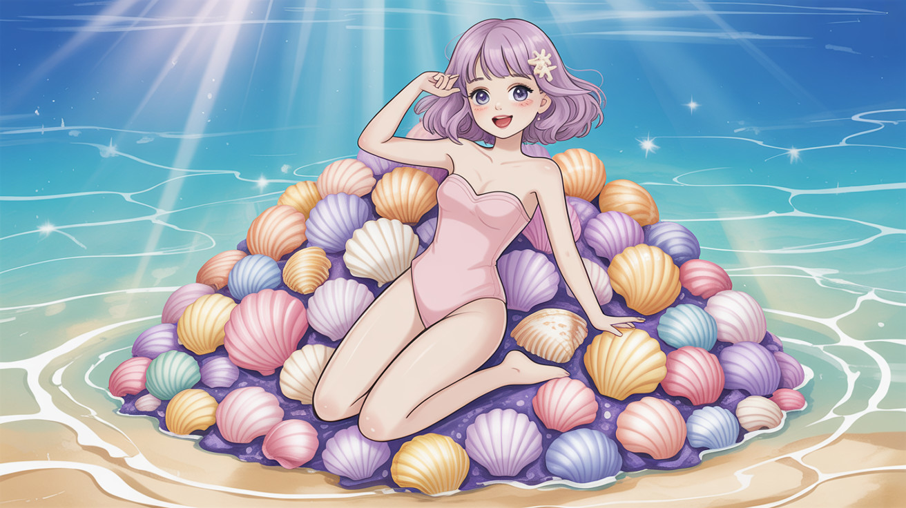 Anime Illustration of a Girl with Seashells and Swimsuit