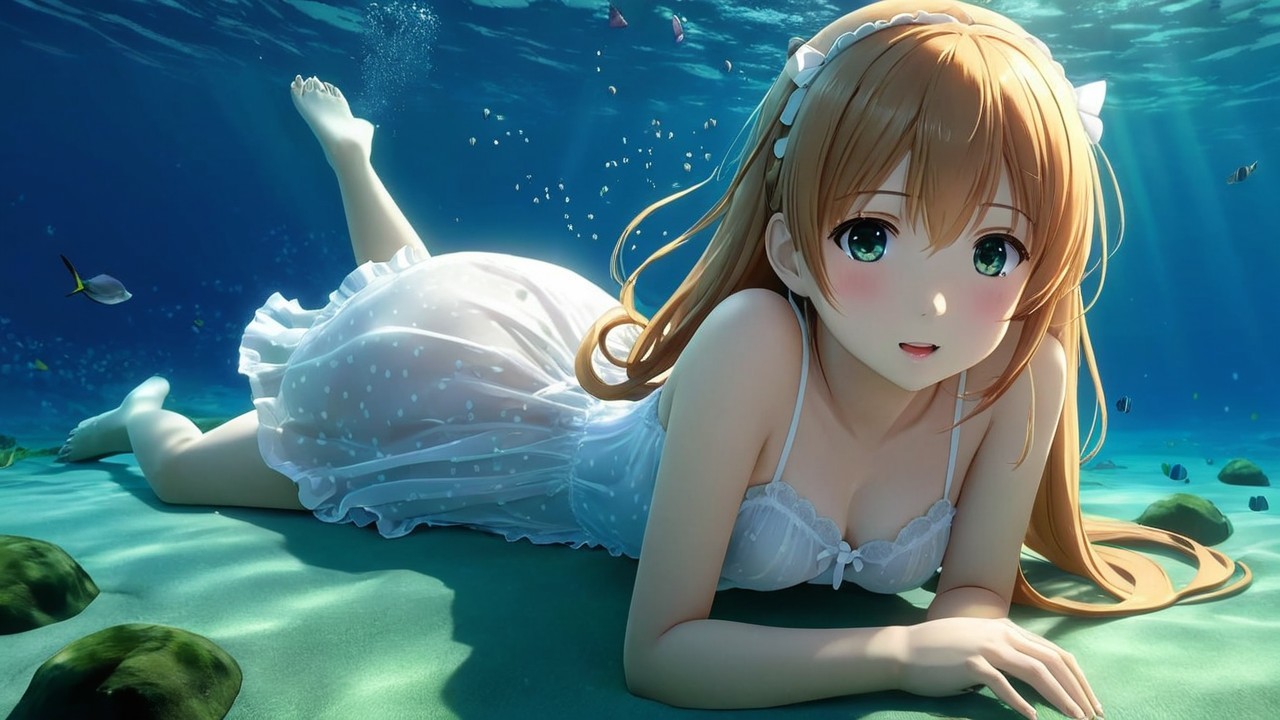 Underwater Scene of a Girl in a White Dress