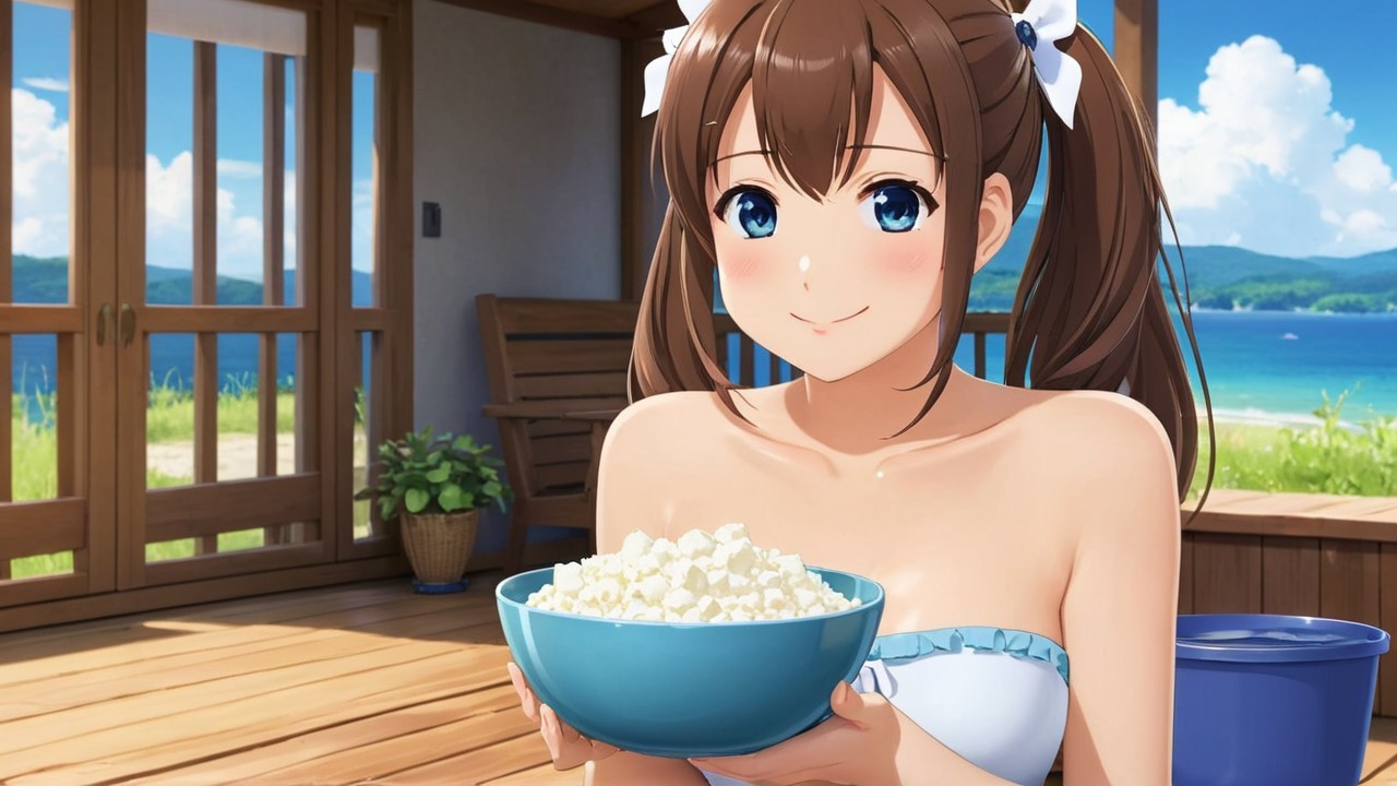 Young Woman with Popcorn on Sunny Outdoor Porch