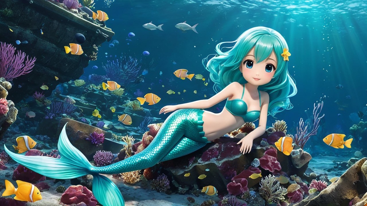 Whimsical Underwater Scene with Mermaid and Coral Reefs