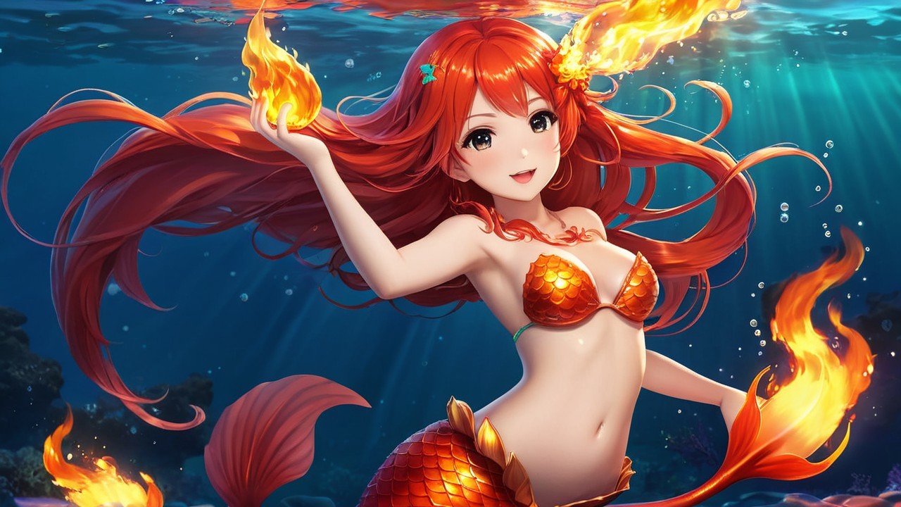 Vibrant Underwater Scene with Mermaid and Flames