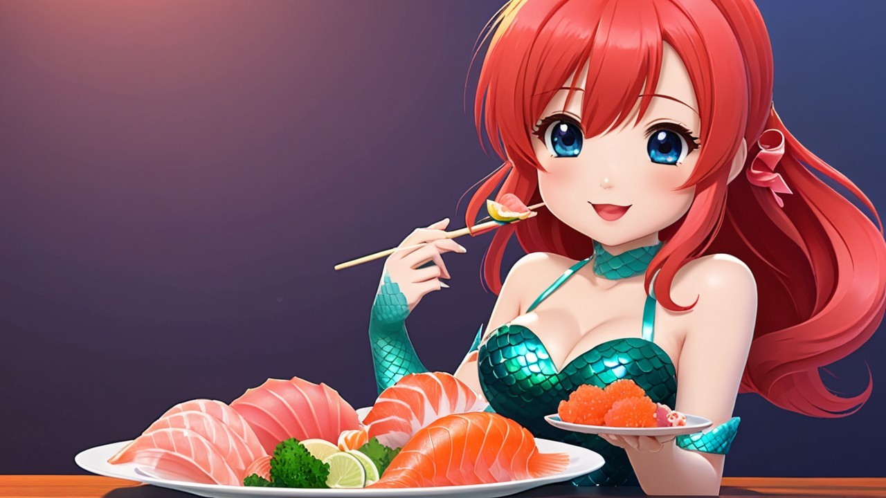 Anime Character with Red Hair Enjoying Sushi Feast
