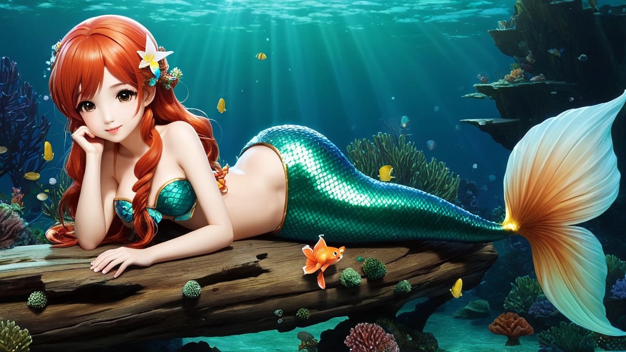 Vibrant Underwater Scene with a Mermaid and Coral