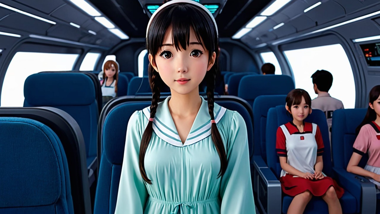 Futuristic Airplane Interior with Passengers and Woman