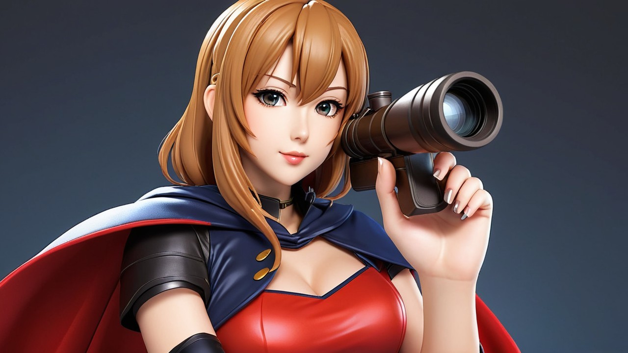Stylized female character with camera in vibrant outfit