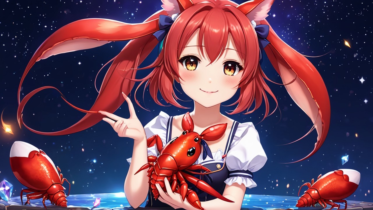 Cheerful girl with red hair and fox ears holding crab