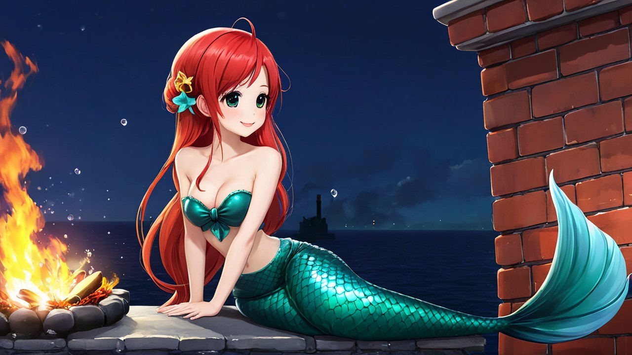 Cheerful mermaid by campfire under starry night sky
