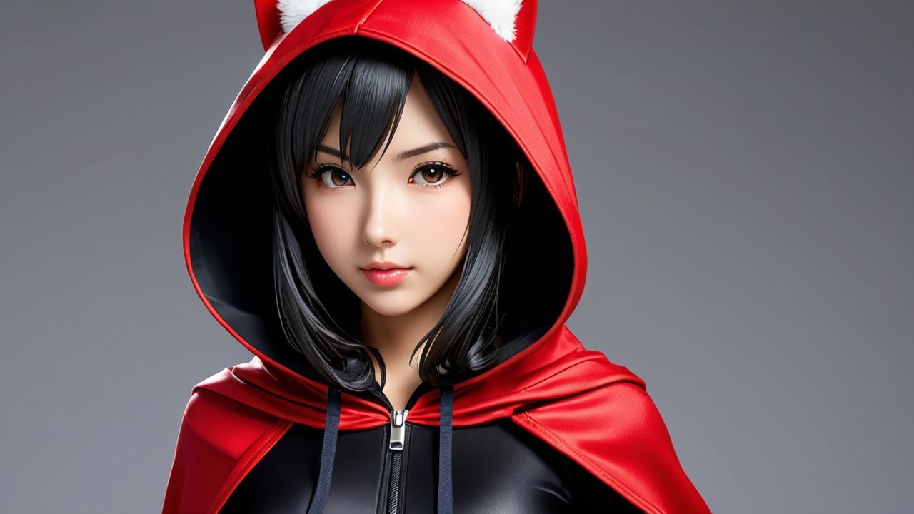 Young woman in red hooded cloak with fox ears