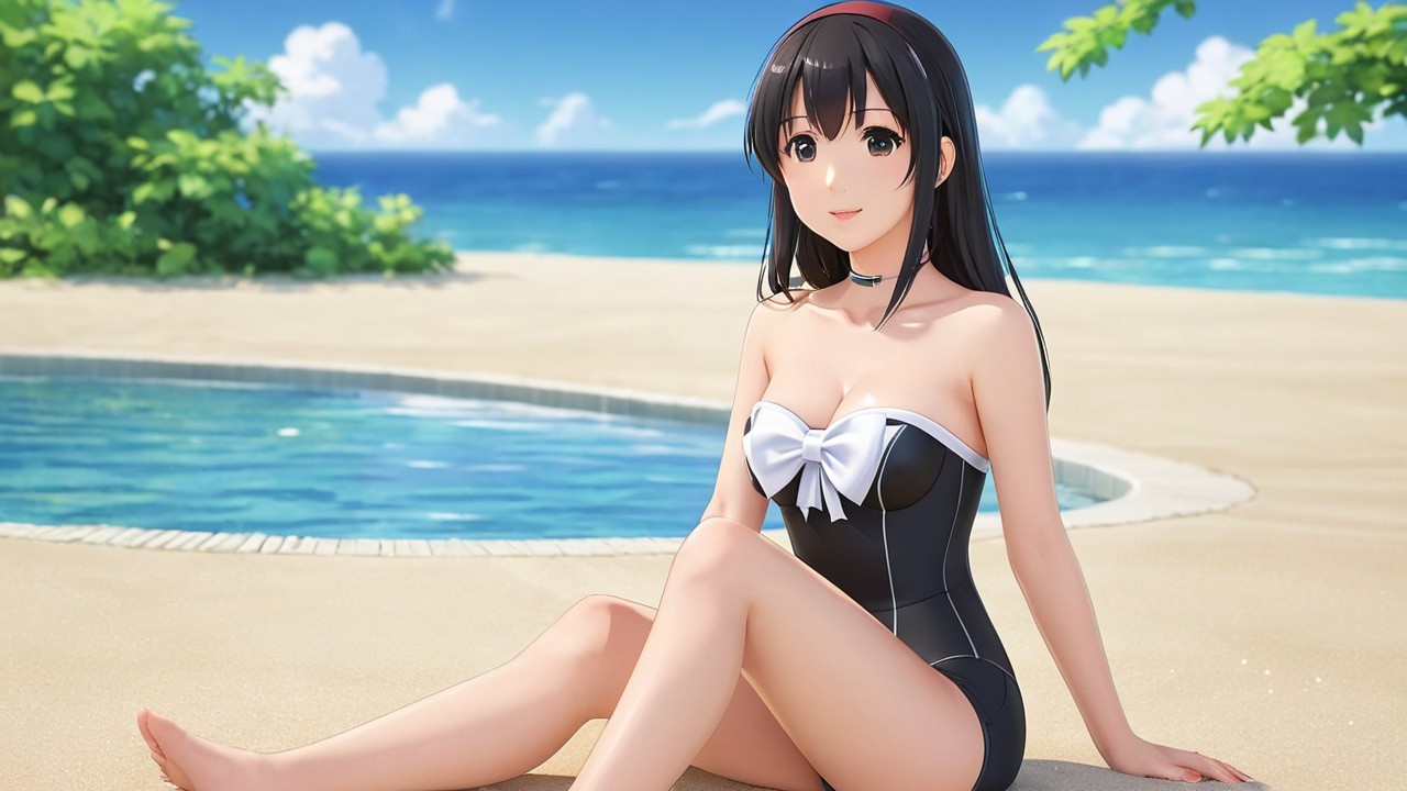 Young woman in black swimsuit at beach and pool