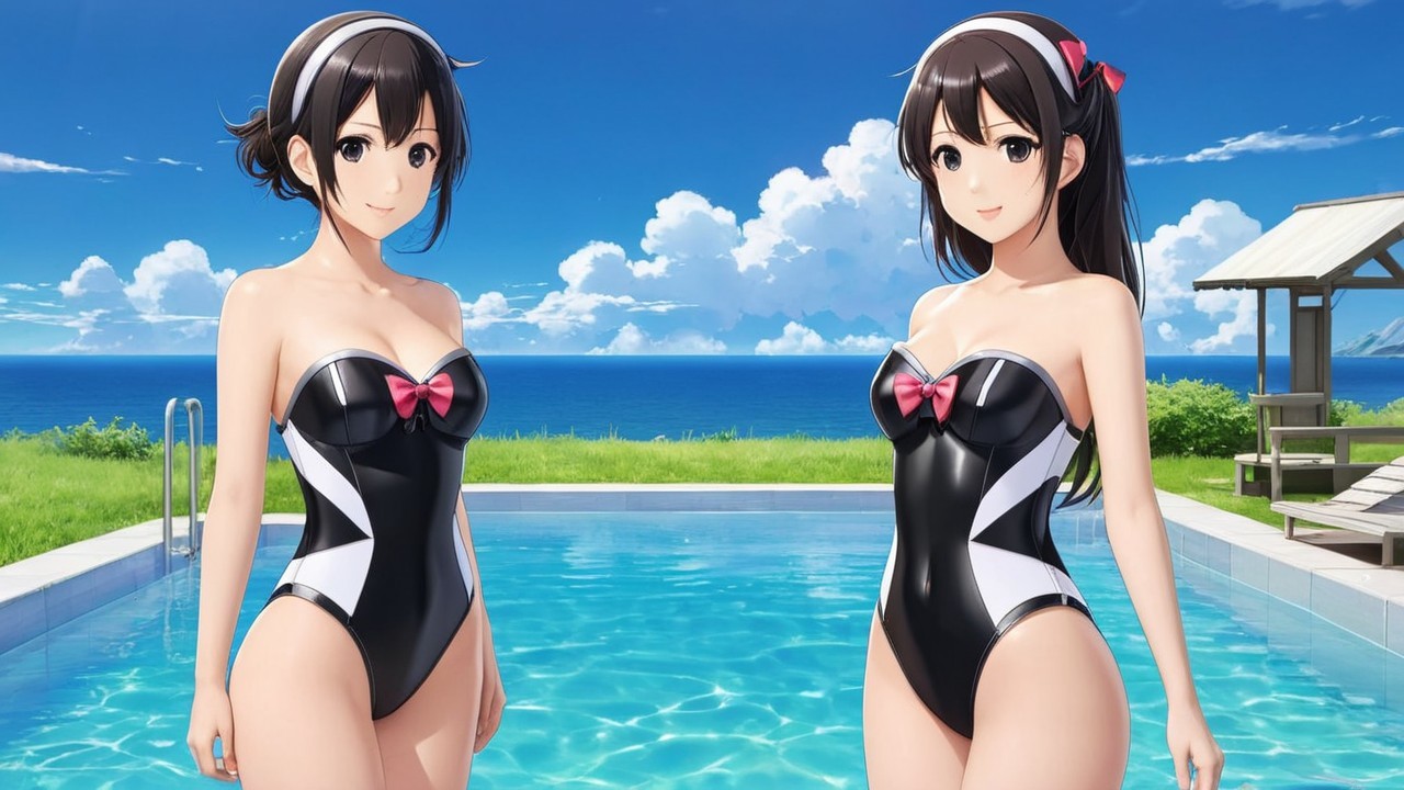 Animated Characters by Pool in Matching Swimsuits