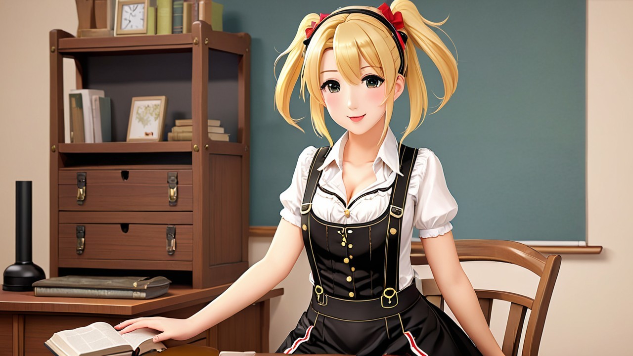 Cheerful Anime Girl in Classroom Setting with Decor