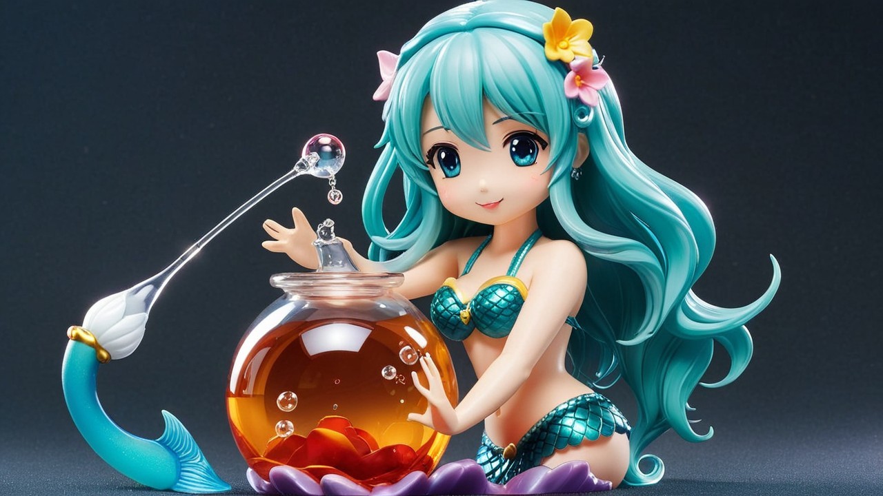 Mermaid Figure with Aqua Hair and Colorful Flowers