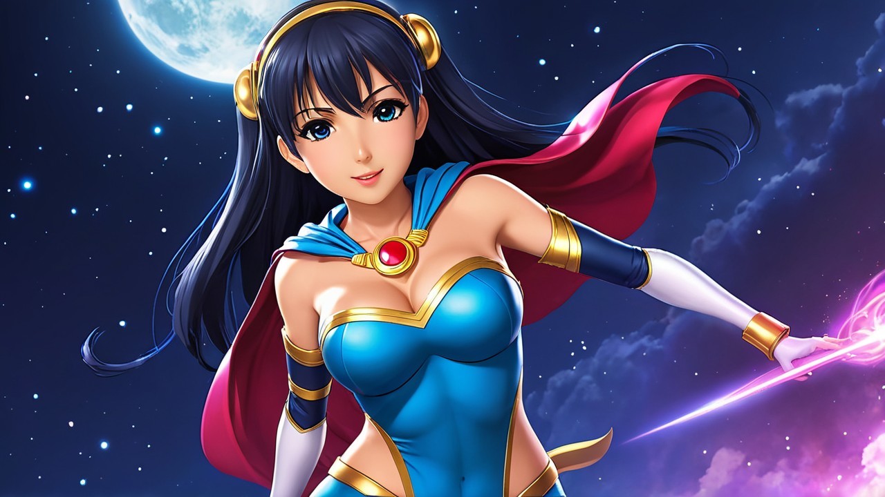 Dynamic Female Character in Vibrant Costume Under Moon